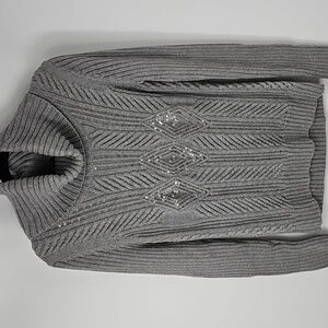 Talbots Gray Ribbed Chunky Cable Knit Cozy Turtleneck Sweater w Sequins Sz:L